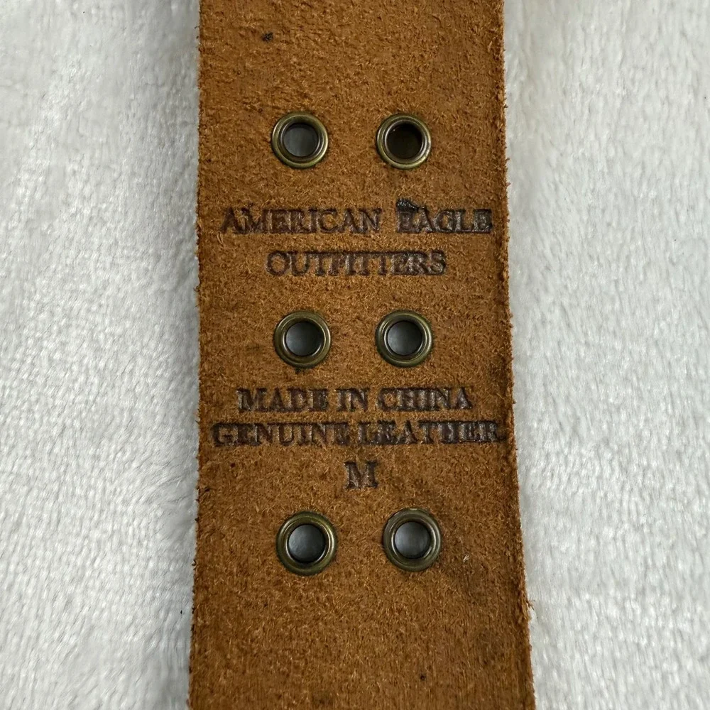 VTG Y2K American Eagle Belt Mens M Brown Leather Solid Brass Double Grommet Boho